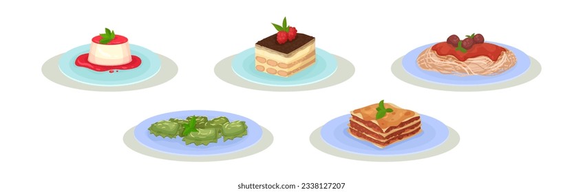 Italian Food and Dish Served on Plates Vector Set
