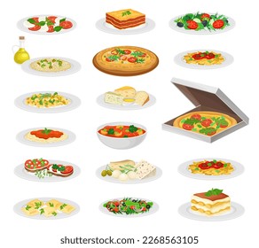 Italian Food and Dishes Served on Plate Big Vector Set