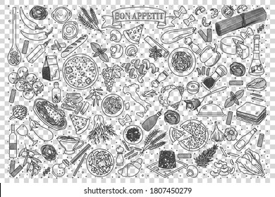 Juego de doodles de comida italiana. Colección de bocetos de tiza dibujados a mano plantillas de cocina italia deliciosa pizza spaghetti ravioli sobre fondo transparente. Ilustración de la comida del país occidental.