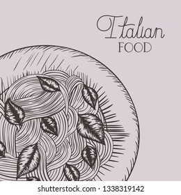 italian food drawn dish with spaghettis and leafs