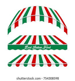 Italian Food and Drink Awning Tent Vector Set. Roof Canopy. Different Forms. Pizza Cafe, National Green, White and Red Colors of the Italian Flag. Italian Cafe, Pizzeria, Market Store Design Elements.