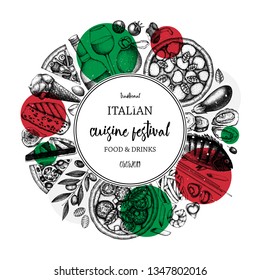 Italian food and drinks art. Vintage Pizza illustration.  Engraved style design with vector drawing for logo, icon, label, packaging, poster. Festival menu template. 