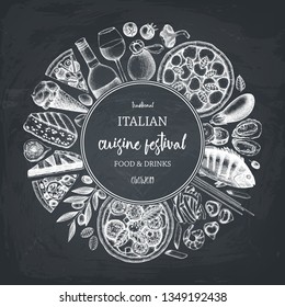 Italian food and drinks art. Vintage Pizza illustration. Engraved style design with vector drawing for logo, icon, label, packaging, poster. Festival menu template. On chalkboard