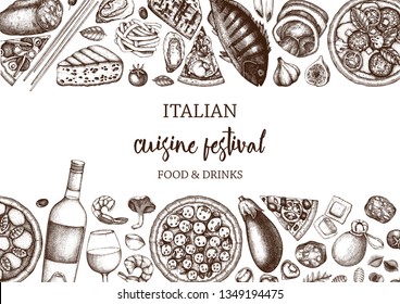 Italian food and drinks art. Vintage Pizza illustration.  Engraved style design with vector drawing for logo, icon, label, packaging, poster. Festival menu template. 