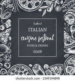 Italian food and drinks art. Vintage Pizza illustration.  Engraved style design with vector drawing for logo, icon, label, packaging, poster. Festival menu template. On chalkboard