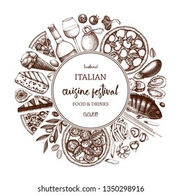 Italian food and drinks art. Vintage Pizza illustration.  Engraved style design with vector drawing for logo, icon, label, packaging, poster. Festival menu template. 