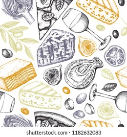 Italian food and drinks seamless pattern. Vector menu design. Hand drawn cheese, fruits, vegetables, wine illustrations. Vintage restaurant background.