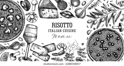  Comida italiana y bebidas de fondo vectorial. Marco risotto dibujado a mano. Ingredientes de cocina mediterránea - aceitunas, queso, setas, guisantes, ilustraciones de arroz. Carta de restaurante de diseño moderno. 