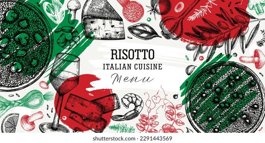  Italian food and drinks vector background. Hand drawn risotto frame in collage style with abstract shapes. Mediterranean cuisine ingredients illustrations. Restaurant menu modern design template. 