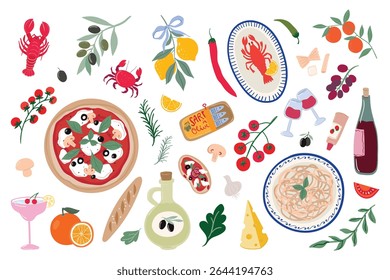 Italian food elements collection, specific Mediterranean menu, pizza, pasta, lobsters, lemons, tomatoes, sardine, vector illustration isolated on white background