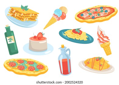 Italian food elements isolated set. Collection of traditional food at restaurant. Lasagna, pizza, gelato, pasta, olive oil, wine, desserts and more dishes. Vector illustration in flat cartoon design
