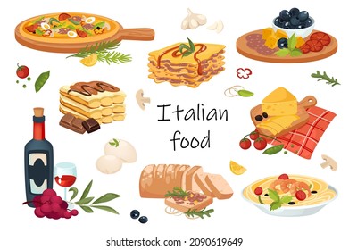 Italian food elements isolated set. Bundle of traditional dishes - pizza, lasagna, spaghetti, olive, pasta, parmesan cheese, wine, sweet desserts and other. Vector illustration in flat cartoon design