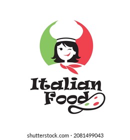 italian food emblem with chef woman isolated on white background