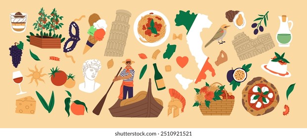 Comida italiana. Cultura europea. Italia Clipart de viajes. Torre de Pisa. Pizza de helado y tomate. Plato de pasta. Botella de vino. Aceite de oliva. Coliseo de Roma. Gondolero de Venecia. Conjunto de Vector de iconos de atracción turística