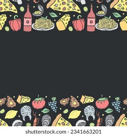 Italienischer Lebensmittelrahmen mit Platz für Text. Doodle-italienischer Lebensmittelhintergrund