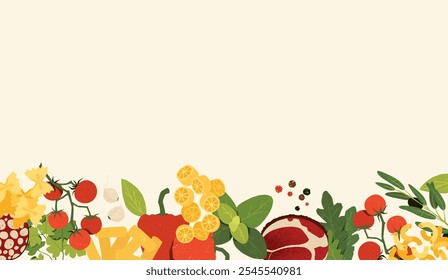 Italian food frame. Traditional italian cuisine ingredients, homemade pasta olives tomato basil, national food concept. Vector restaurant menu banner.