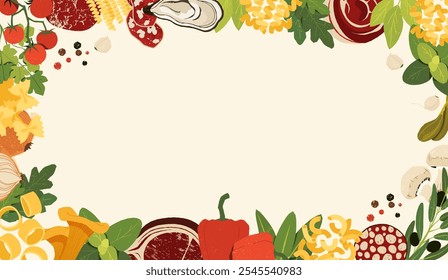 Italian food frame. Traditional national cuisine ingredients, pasta olive tomatoes cheese and spices. Vector cartoon restaurant menu background.