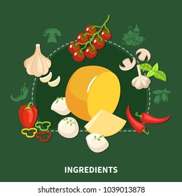Italian food green background with organic ingredients used in popular national kitchen flat vector illustration