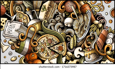 Italian food hand drawn doodle banner. Cartoon detailed flyer. Italy cuisine identity with objects and symbols. Color vector design elements background