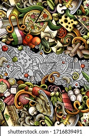 Italian food hand drawn doodle banner. Cartoon detailed flyer. Italy cuisine identity with objects and symbols. Color vector design elements background