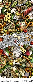 Italian food hand drawn doodle banner. Cartoon detailed flyer. Italy cuisine identity with objects and symbols. Color vector design elements background