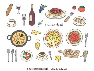 Conjunto de ilustração desenhado à mão de comida italiana