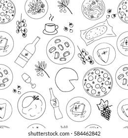 Italian food hand drawn seamless pattern. Italian cuisine. Vector illustration with pizza, pasta, risotto ossobuco, orecchiette, tiramisu, piedmontese, lasagna, mozzarella, focaccia bread.