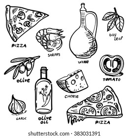 Italian food hand drawn sketch: bottle of red wine, pizza, cheese, tomato, olives.