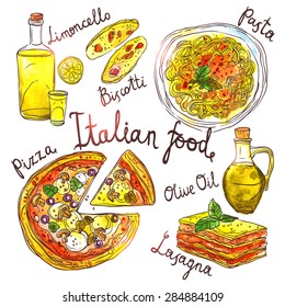 Italian Food, Hand Drawn Watercolor Illustration With Pizza, Pasta, Lasagna, Biscotti, Olive Oil And Limoncello