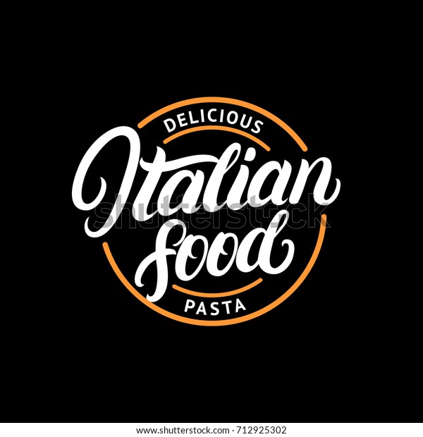 Italian food hand written lettering logo, label, badge, emblem. Vintage retro style. Spaghetti pasta circle. Isolated on background. Vector illustration.