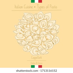 Italian Food hat-shape pasta with cheese filling aka Cappelletti, sketching illustration in the vintage style