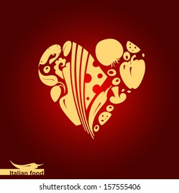 Italian food  -  heart shape with vector food icons