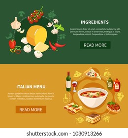 Italian food horizontal banners with ingredients for traditional cuisine and restaurant menu items flat vector illustration 