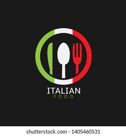 Italian food icon. Italian flag symbol Spoon fork and knife icons