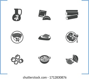 Italian food icon set and olive oil with ravioli pasta, ave marie pasta and seafood risotto. Tortiglioni related italian food icon vector for web UI logo design.