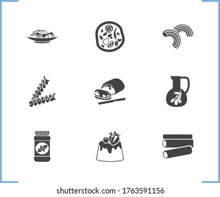 Italian food icon set and pizza with pippe doppia pasta, pasta carbonara and panna cotta. Chifferi related italian food icon vector for web UI logo design.