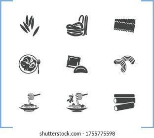 Italian food icon set and spaghetti with olives with orzo pasta, cannelloni pasta and ravioli pasta. Macaroni related italian food icon vector for web UI logo design.