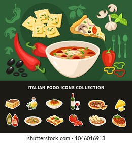 Italian food icons collection of national dishes with ravioli bruschetta pizza stuffed cannelloni minestrone soup olive oil flat vector illustration 