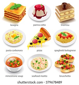 Italian food icons detailed photo realistic vector set