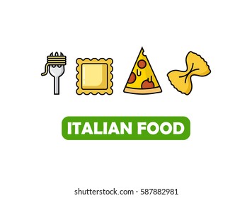 Italian food icons with pasta, pizza, ravioli flat outline icon