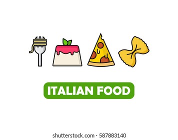 Italian Food Icons With Pasta, Pizza, Panna Cotta Flat Outline Icon