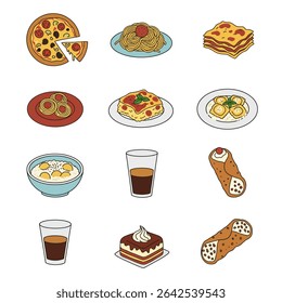 Italian Food Icons Pizza with Pasta, and Desserts.