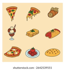 Italian Food Icons Pizza with pasta, and lasagna.