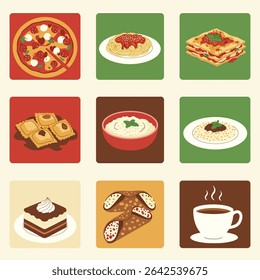 Italian Food Icons Pizza with Pasta, and Dessert.