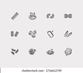 Italian food icons set. Macaroni pasta shape and italian food icons with spaghetti bolognese, fusilli pasta shape and penne pasta shape. Set of noodle for web app logo UI design.