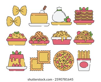 Italian food illustration set in flat design, featuring pasta, pizza, lasagna, ravioli, and cheese. Perfect for restaurant menus, culinary blogs, food packaging, and Italian cuisine designs.