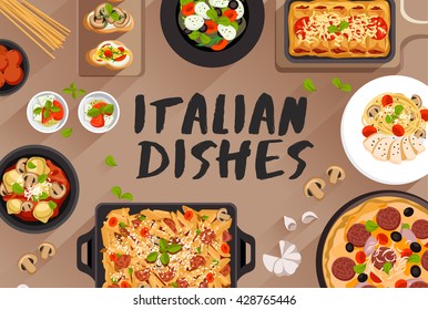 Italian Food : Food Illustration In Top View : Vector Illustration