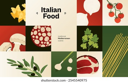 Italian food ingredients abstract banner. Cartoon spaghetti pasta vegetables and cheese, traditional mediterranean food, flat noodles. Vector flyer.