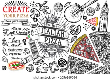 Italian food ingredients in top view this is a pizza restaurant frame. Lined template or doodle illustration. Vector design.