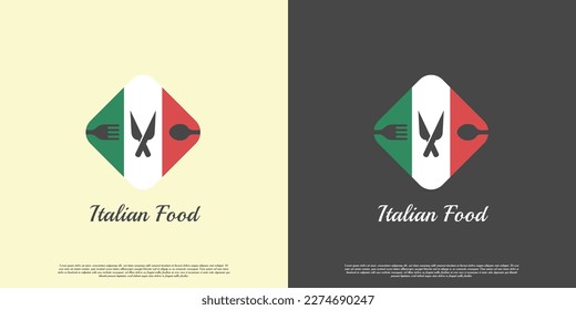 Ilustración de diseño del logo de comida italiana. Silueta de cuchillo de horquilla de cuchara en el marco de la bandera italiana. El chef de cocina plana retro vintage presenta un diseño culinario.